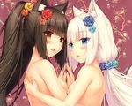  2girls animal_ears black_hair brown_eyes catgirl chocola_(sayori) cropped flowers nekopara nude sayori scan vanilla_(sayori) white_hair 