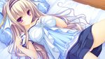  bed blonde_hair game_cg headband kujiragami_no_tearstilla long_hair mikagami_mamizu panties purple_eyes skirt tenkawa_mitsuki underwear whirlpool 