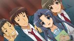  asakura_ryouko blue_eyes blue_hair blush book brown_eyes brown_hair game_cg kunikida kyon long_hair seifuku short_hair suzumiya_haruhi_no_tsuisou suzumiya_haruhi_no_yuutsu taniguchi tie 