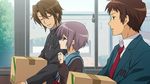  brown_eyes brown_hair game_cg glasses koizumi_itsuki kyon nagato_yuki purple_hair seifuku short_hair suzumiya_haruhi_no_tsuisou suzumiya_haruhi_no_yuutsu tie 