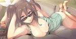  armadillo-tokage barefoot breasts brown_eyes brown_hair cleavage kantai_collection long_hair sketch sunglasses tone_(kancolle) 