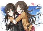  2girls blush brown_hair green_eyes hug idolmaster idolmaster_cinderella_girls long_hair mitsuki petals shibuya_rin shimamura_uzuki 