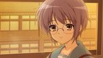  blush brown_eyes game_cg glasses nagato_yuki purple_hair seifuku short_hair suzumiya_haruhi_no_tsuisou suzumiya_haruhi_no_yuutsu 