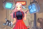  carina_(xiaowoo) computer industrial long_hair original pink_hair red_eyes skirt 