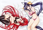  2girls bed bikini bra breasts cleavage gotou_junji gray_eyes highschool_dxd himejima_akeno long_hair navel panties ponytail purple_eyes purple_hair red_hair rias_gremory scan swimsuit thighhighs underwear 