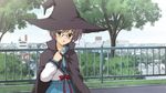  blush brown_eyes building cape city game_cg glasses hat nagato_yuki purple_hair seifuku short_hair suzumiya_haruhi_no_tsuisou suzumiya_haruhi_no_yuutsu tree 