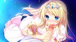  blonde_hair blue_eyes censored cum dress fellatio game_cg harvest_overray headdress jpeg_artifacts mikami_riria night nironiro ribbons stars 