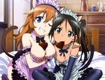  2girls animal_ears apron black_hair blue_eyes breast_hold breasts brown_hair catgirl charlotte_e_yeager choker cleavage elbow_gloves fang francesca_lucchini gloves green_eyes panties scan strike_witches tail thighhighs twintails underwear valentine wink 