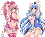  2girls aoki_reika blue_hair breasts dress houjou_hibiki long_hair nipples no_bra open_shirt panties panty_pull pink_hair precure reizei smile_precure! suite_precure thighhighs underwear white 