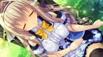  blonde_hair game_cg grass headband kujiragami_no_tearstilla long_hair mikagami_mamizu ribbons seifuku sleeping tenkawa_mitsuki thighhighs whirlpool 