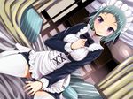  bed green_hair maid original purple_eyes short_hair thighhighs voice_lover yanagihara_mitsuki 