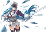  akame_ga_kill! blue_eyes blue_hair breasts chaun choker cleavage esdeath hat long_hair sword tattoo thighhighs uniform weapon 