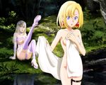  artemis_(junketsu_no_maria) blonde_hair blue_eyes breasts cleavage forest gray_hair junketsu_no_maria maria_(junketsu_no_maria) nude nyantype red_eyes short_hair thighhighs towel tree water 