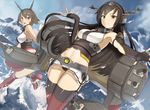  2girls anthropomorphism black_hair blush boots brown_eyes brown_hair ccaw elbow_gloves gloves headband kantai_collection long_hair mutsu_(kancolle) nagato_(kancolle) navel panties short_hair skirt thighhighs underwear upskirt water 