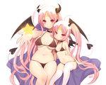  2girls bikini breasts byulzzimon cleavage demon horns long_hair original pink_hair swimsuit tail thighhighs twintails underboob wings 