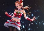  brown_hair choker christmas hat houjou_karen idolmaster idolmaster_cinderella_girls long_hair navel pantyhose ribbons santa_costume santa_hat skirt twintails yellow_eyes yuki_usagi_(mofurafu) 