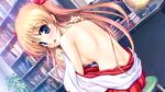  august bekkankou blue_eyes blush brown_hair daitoshokan_no_hitsujikai game_cg long_hair no_bra shirasaki_tsugumi 