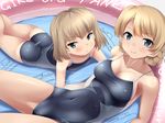  2girls ass blue_eyes breasts brown_hair cleavage darjeeling_(girls_und_panzer) girls_und_panzer katyusha nksk pool school_swimsuit short_hair skintight swimsuit water 