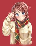  1girl blue_eyes blush bow brown_hair commentary_request flying_sweatdrops hair_bow hair_tucking long_sleeves looking_at_viewer love_live! love_live!_sunshine!! minori_748 red_background scarf short_hair simple_background smile solo sweater upper_body watanabe_you 