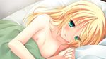  aqua_eyes bed blonde_hair chuablesoft flat_chest game_cg lovera_bride mutou_kurihito nipples yuuki_nao_(lovera_bride) 