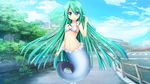  animal_ears aqua_hair bikini blue_eyes clouds game_cg giga green_hair harvest_overray long_hair loreley_(harvest_overray) mermaid navel nironiro swimsuit tree 