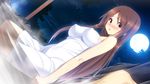  blush brown_eyes brown_hair clockup erect_nipples game_cg long_hair mako_hunter moon munashi_mujou night onsen shindou_mao towel water 