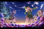  2girls anthropomorphism blonde_hair blue_eyes clouds creeper enderman flowers ghast hoodie long_hair minecraft nongqiling petals purple_eyes purple_hair skirt sky stars thighhighs tree villager_(minecraft) windmill 