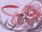  cape edenfox kick kneehighs long_hair orange_eyes pink_hair ribbons signed yuuki_yuuna yuuki_yuuna_wa_yuusha_de_aru 