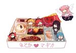  akemi_homura black_hair blonde_hair blue_hair charlotte_(mahou_shoujo_madoka_magica) chibi cuivre dress food kaname_madoka mahou_shoujo_madoka_magica miki_sayaka pink_hair ponytail red_hair ribbons sakura_kyouko seifuku tomoe_mami ultimate_madoka 