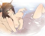  admiral_(kancolle) ban bath breast_hold breasts brown_hair green_eyes hat kantai_collection mutsu_(kancolle) nipples nude water wet 