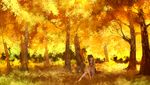  autumn barefoot bow brown_hair forest grass hakurei_reimu japanese_clothes long_hair madcocoon miko scenic touhou tree 