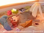  bed book computer kasane_teto kotori_(gokigen_iori) kuroko_tetsuya phone red_eyes red_hair signed utau 