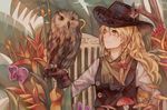  animal bird blonde_hair bow braids cowgirl hat kirisame_marisa long_hair owl touhou yellow_eyes zicai_tang 