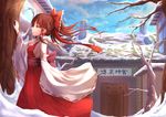  bow brown_hair building hakurei_reimu japanese_clothes koroneko_p0w0q long_hair miko red_eyes sideboob snow touhou tree 