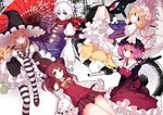  animal blonde_hair blue_eyes blush bow breasts brown_hair candy cleavage dress flowers fox gray_hair hakurei_reimu hat headdress izayoi_sakuya katana kirisame_marisa lollipop long_hair multiple_tails myon pink_hair rain_lan red_eyes ribbons saigyouji_yuyuko short_hair sword tail thighhighs touhou umbrella weapon witch witch_hat yakumo_ran yakumo_yukari yellow_eyes 