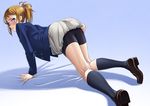  ass bike_shorts blue_eyes brown_hair gundam_(series) gundam_build_fighters gundam_build_fighters_try hamada_youho hoshino_fumina kneehighs mobile_suit_gundam ponytail seifuku shorts socks 