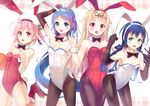  animal_ears blonde_hair blue_eyes blue_hair bow bunny_ears corset culter elbow_gloves group harusame_(kancolle) hat kantai_collection pantyhose ribbons samidare_(kancolle) suzukaze_(kancolle) tail wristwear yuudachi_(kancolle) 