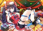  barefoot bell black_hair black_heart bow chibi christmas collar dress hat hyperdimension_neptunia kuromai long_hair neptune noire purple_hair red_eyes ribbons santa_costume santa_hat short_hair shorts twintails white_hair wink 