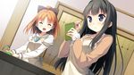  2girls apron ayase_sayuki black_hair blue_eyes blush book bow brown_hair cube game_cg kantoku long_hair minagawa_yuuhi seifuku your_diary 