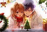  aisaka_taiga bandaid black_hair blush brown_eyes brown_hair christmas long_hair majiang male orange_eyes scarf short_hair takasu_ryuuji toradora winter 