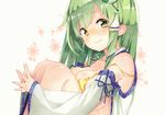  blush breasts cleavage green_eyes green_hair japanese_clothes kochiya_sanae long_hair miko no_bra ribbons sideboob touhou yukizumi_remon 