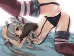  amatsukaze_(kancolle) armadillo-tokage ass blush breasts brown_eyes gray_hair kantai_collection long_hair navel no_bra panties spread_legs thighhighs torn_clothes twintails underwear 