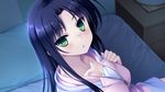  akatsuki-works bed black_hair blush game_cg green_eyes hello_lady long_hair otonashi_saku saeki_hokuto 