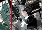  bthx computer elbow_gloves gray_eyes gray_hair guitar hatsune_miku instrument long_hair microphone piano twintails vocaloid 