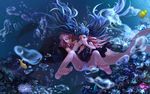  2girls animal aqua_eyes aqua_hair barefoot bubbles deep-sea_girl_(vocaloid) dress fish hatsune_miku long_hair megurine_luka mermaid neko-mura_ikkro panties pink_hair striped_panties twintails underwater underwear vocaloid water 