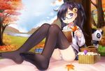  apple autumn black_hair blue_eyes book food fruit glasses leaves linxingzi lollipop mvv original panties ponytail striped_panties teddy_bear thighhighs tree underwear 