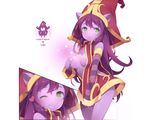  animal_ears breast_hold dress green_eyes league_of_legends long_hair lulu mhz no_bra open_shirt purple_hair wink 