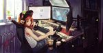  black_eyes book computer doomfest drink game_console headphones long_hair red_hair star_citizen vivian_james 