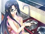  33paradox black_hair braids breasts cleavage glasses green_eyes long_hair naked_apron original sideboob 