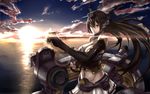  breasts brown_hair cleavage clouds elbow_gloves jpeg_artifacts kantai_collection long_hair nagato_(kancolle) navel red_eyes sunset tsuuhan water 
